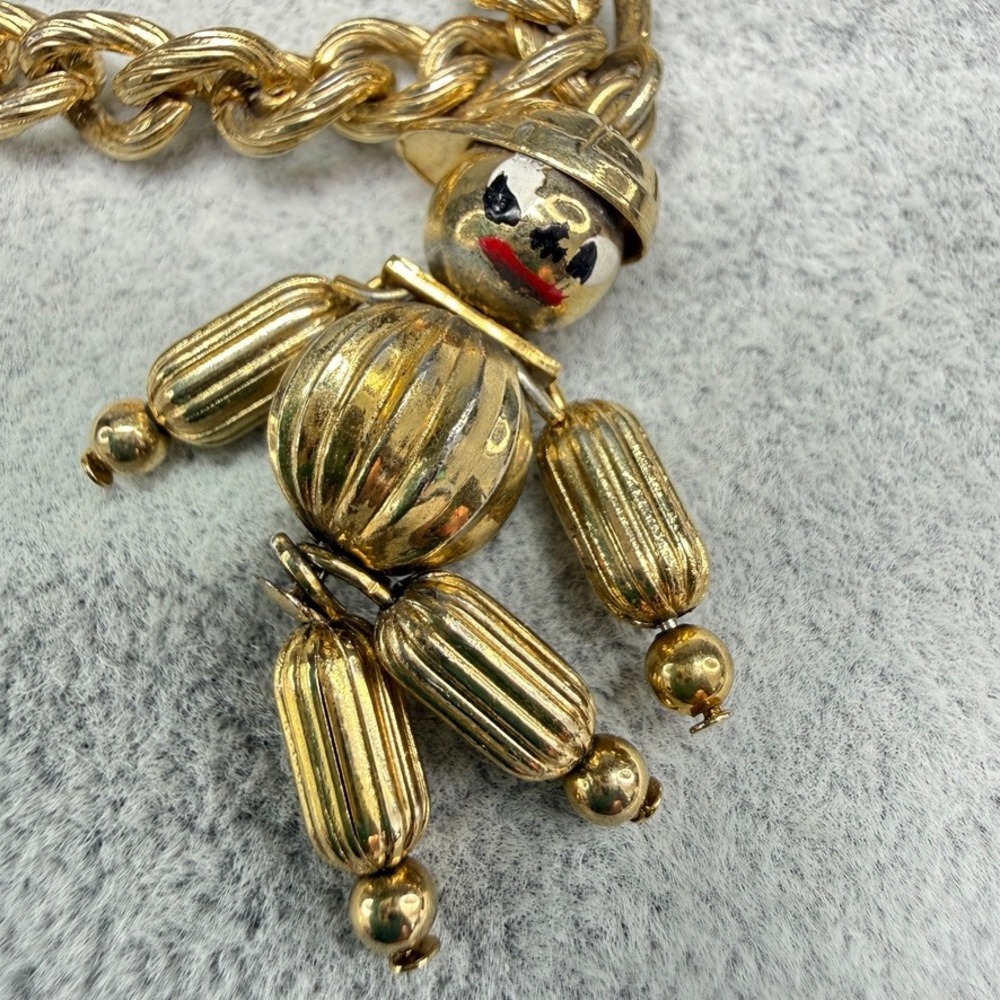 Vintage Gold Tone Articulated Boy Dangle Charm Bracelet 6.5" Baseball
